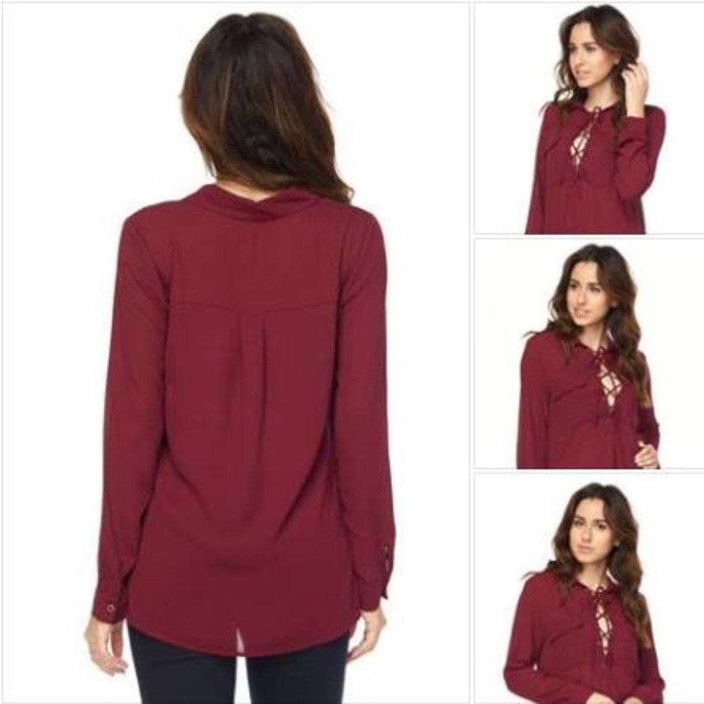 Solid Blouse with Lace Up Drawstrings burgundy
